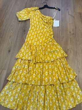 Veronica Beard Yellow Floral One-Shoulder Maxi Dress